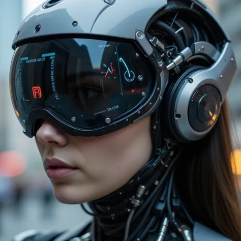 Masterpiece sci-fi photo, photorealistc close-up of a futuristic robotic female head or helmet. It is predominantly black and metallic, with intricate mechanical details. A large, reflective visor covers the eyes, displaying various digital interfaces and ...