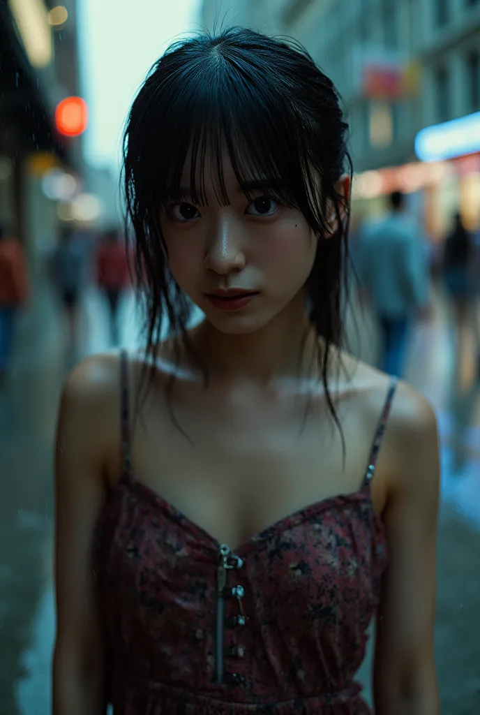 It's raining heavily in the city。,wet,Dripping,wet face, wet clothes,Wet Skin,wet hair,one girl,A girl with a cute face like a Japanese idol,no makeup,is thin,SMALLE BREASTS,(Black Hair Pixie Cut:1.2),( uncut bangs),Immerse yourself in a world of dark tone...