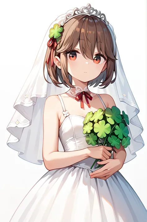  1 girl , Shima Rin,   Wedding Dress。, brown hair,  hair between eyes, short hair, four-leaf clover in the hair。Red ribbon。You're reaching out and hugging me, チャッペル