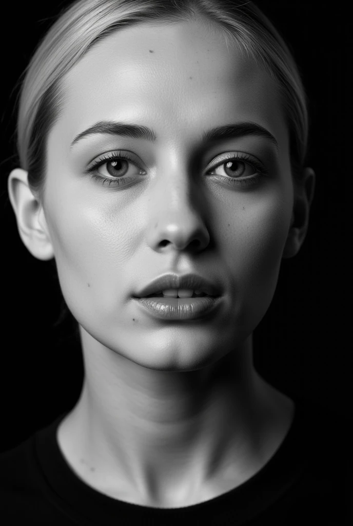 Photo portrait blonde woman with a tear flowing under the eye is wet eyes, short hair, with light eyes, with a mole, with skin details, with a shadow on the face, with wet lip, quality d '16k images, ultra-realistic, Black and white, professional photo stu...