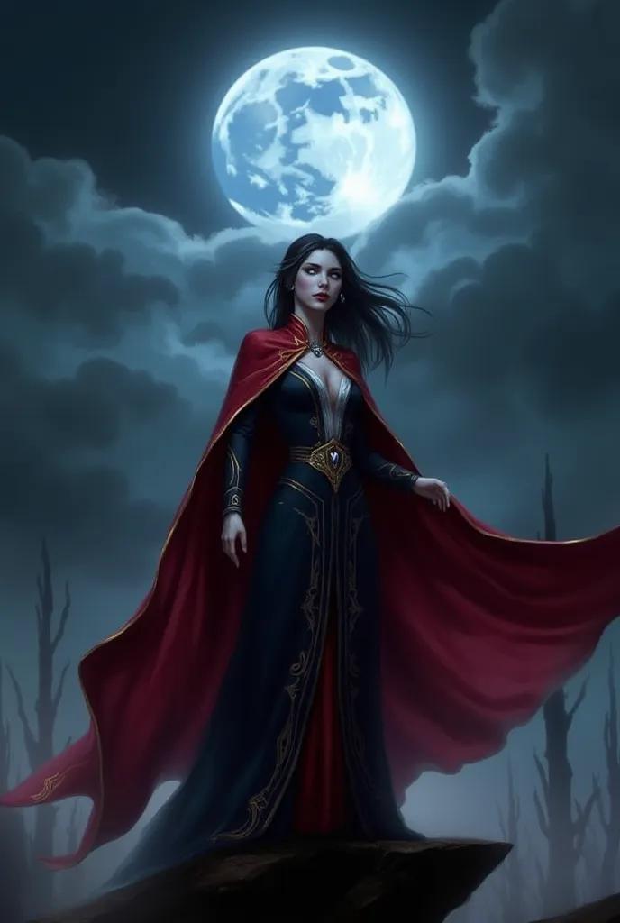 White female, pale skin, grey eyes,long dark black hai,dark blue mage tunic robe with gold lined details, red cape,in the background the full moon