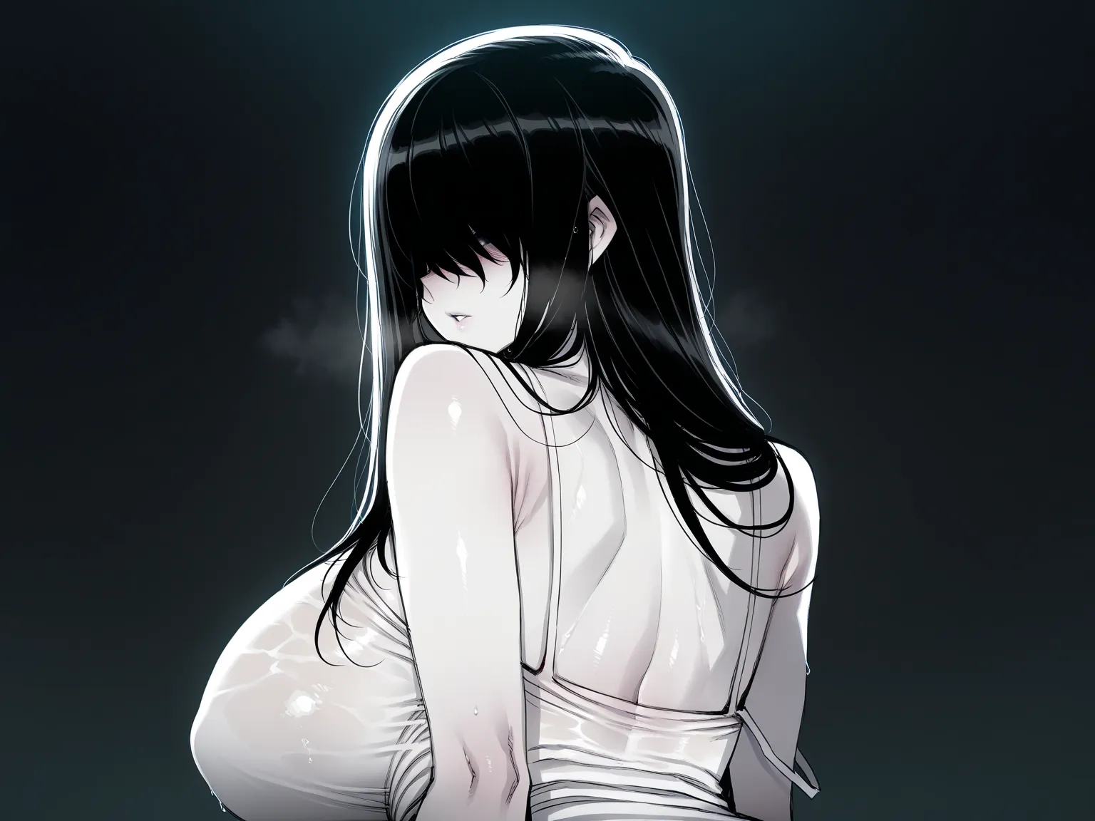 ((ratatatat74)), ((1 girl)), solo, yamamura sadako, black hair, long hair, (hair over eyes:1.4), black eyes, Round eyes, half-closed eyes, tareme, longeyelashes, calm, (pale skin:1.2), ((huge breasts)), wet oversized white dress, sexy body, good quality, a...