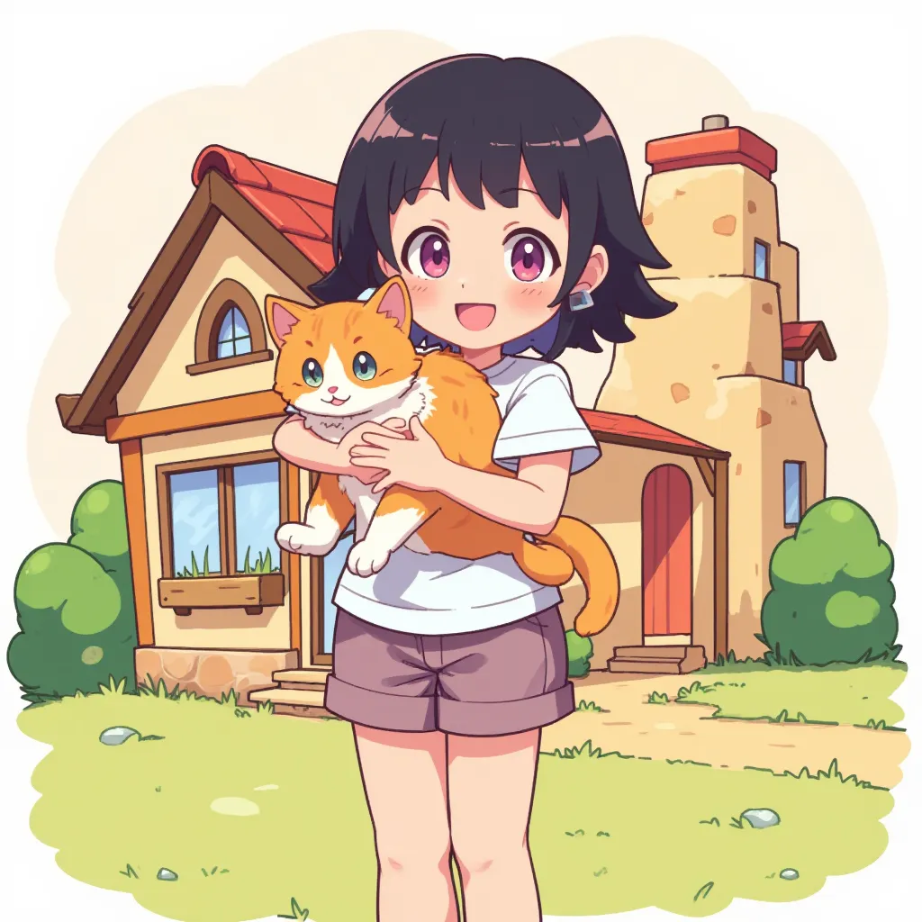 girl in short sleeve shorts、short hair、 black hair、holding a cat、House behind me、smile、 Cartoon Designs 、simple illustration、detailed illustration、Thick Line、 Clear Lines 、Clear Colours 、