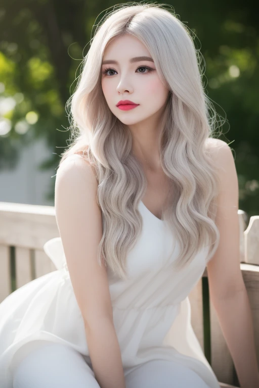 (realistic、masterpiece、Best Quality、8K、highres、high resolution:1.3)、blonde woman in white dress sitting on a bench, smooth white tight clothes suit, extremely pale, perfect white haired girl, extremely pale white skin, pale snow white skin, ava max, with w...