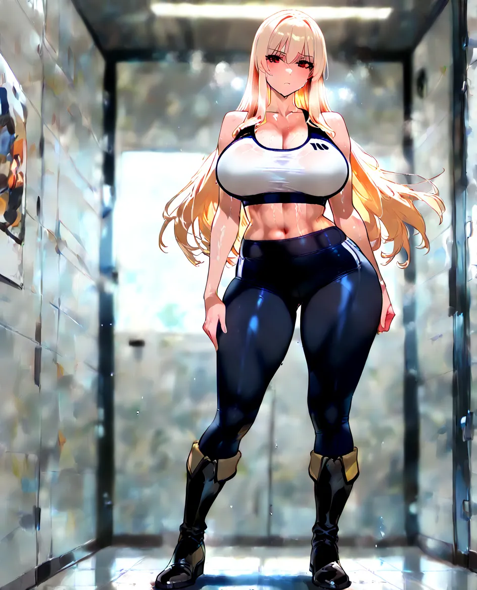  a girl, Alone, long hair, blond hair, red eyes,  large breasts,  tight pants ,military boots,  short sports top, sweat, full body image, sexy, Incredible physique, 