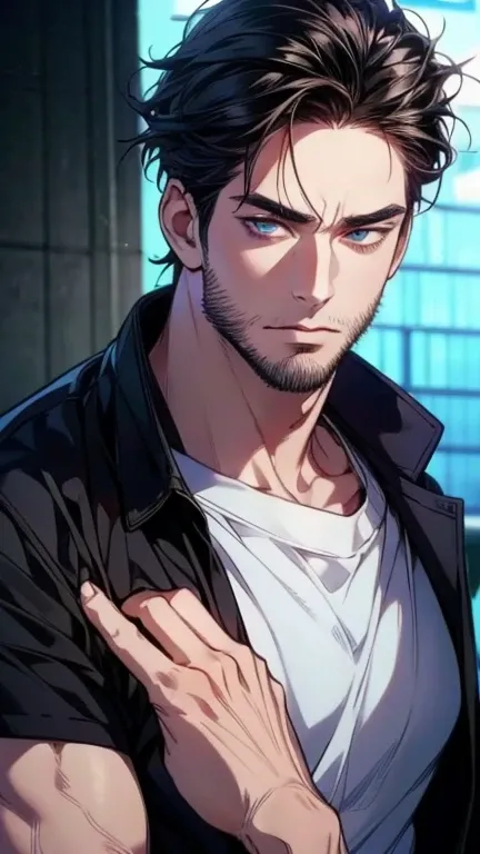 (  anime,6k,8k,      highres,  masterpiece:1.2),     ultra-detailed,(Realistic,photoRealistic,photo-Realistic:1.37),36-year-old man,3 day beard,cute anime ,Portraits,strong,masculine,      dark hair,sharp jaw,            mesmerizing eyes            ,      ...