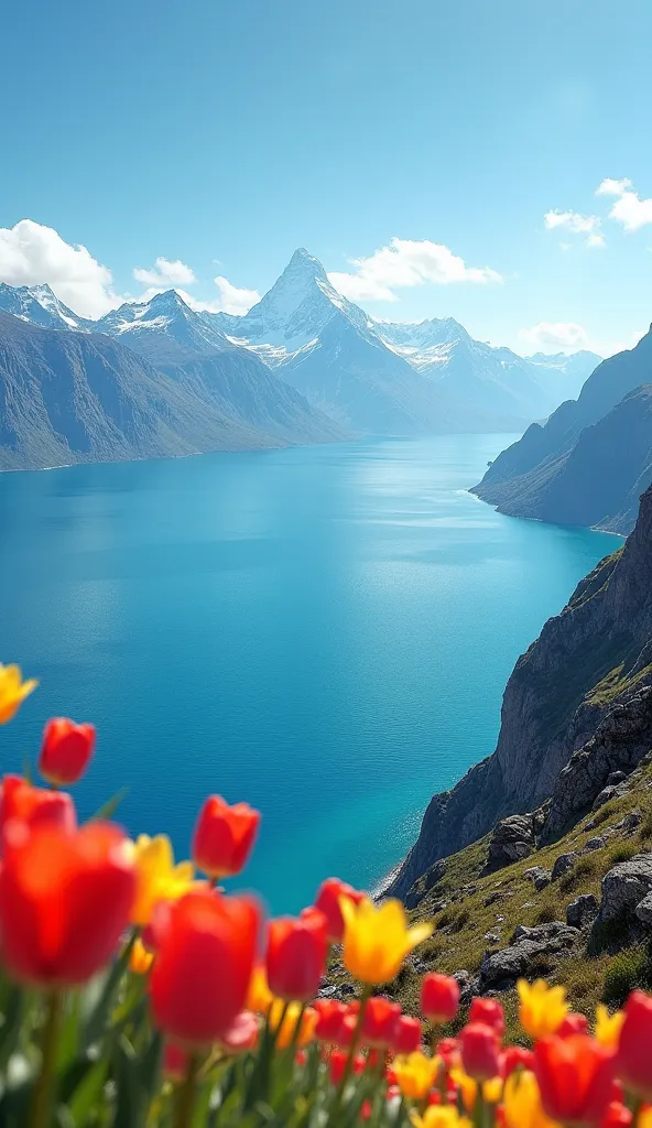 Create a seascape view from the top of the mountain with tulips or flowers 