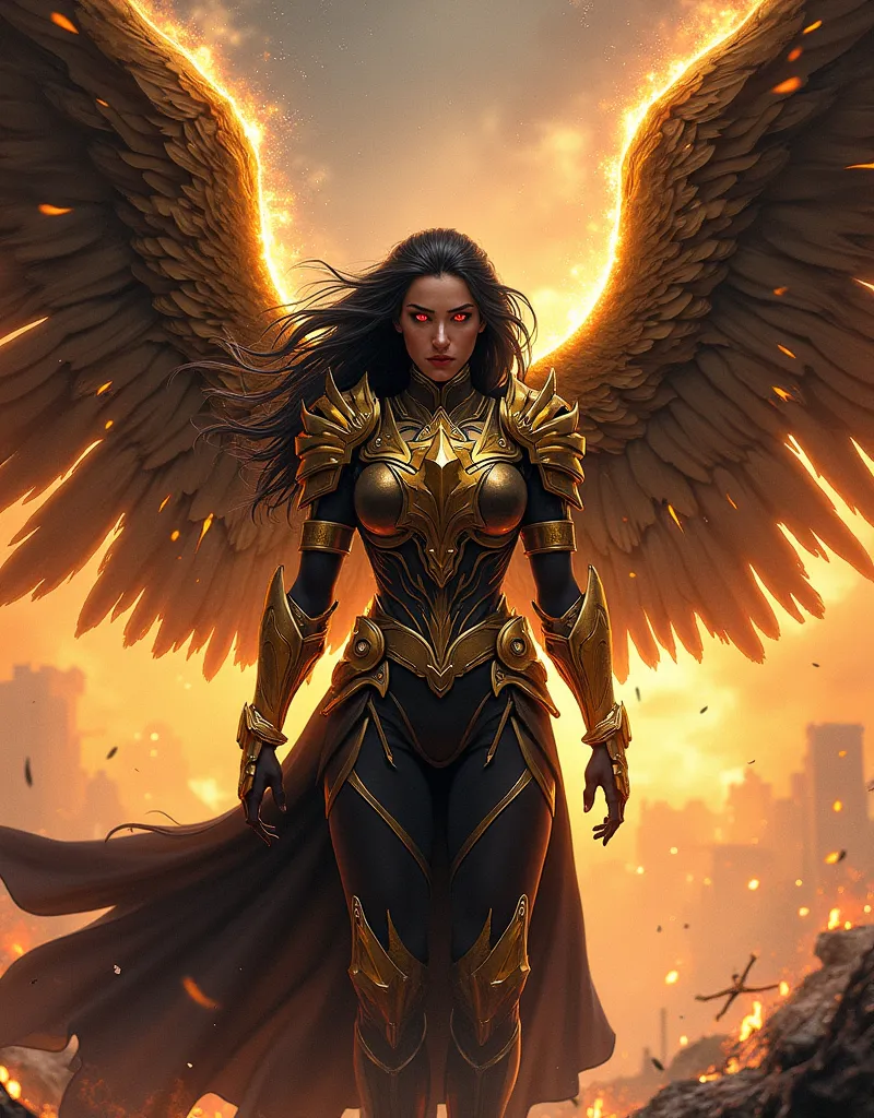 Valkyria, the Goddess of Infinity War, is an imposing and warrior figure, with black hair like darkness and fiery red eyes, that reflect her fierce nature. She wears gold and black armor,  rich in details, that shines with a threatening force. Your wings, ...