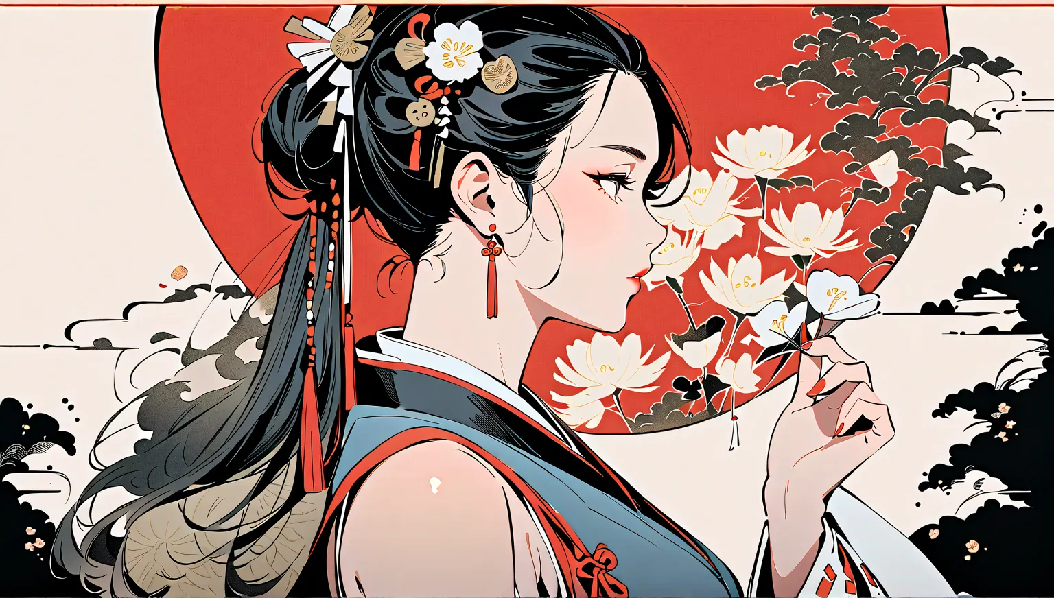 Masterpiece, detailed, Ink Painting, Beautiful Japanese Woman, mature, Delicate and precise, Modern ukiyo-e style, miko outfit, detached sleeves, bare shoulders , blowing flower petals with one hand, side view