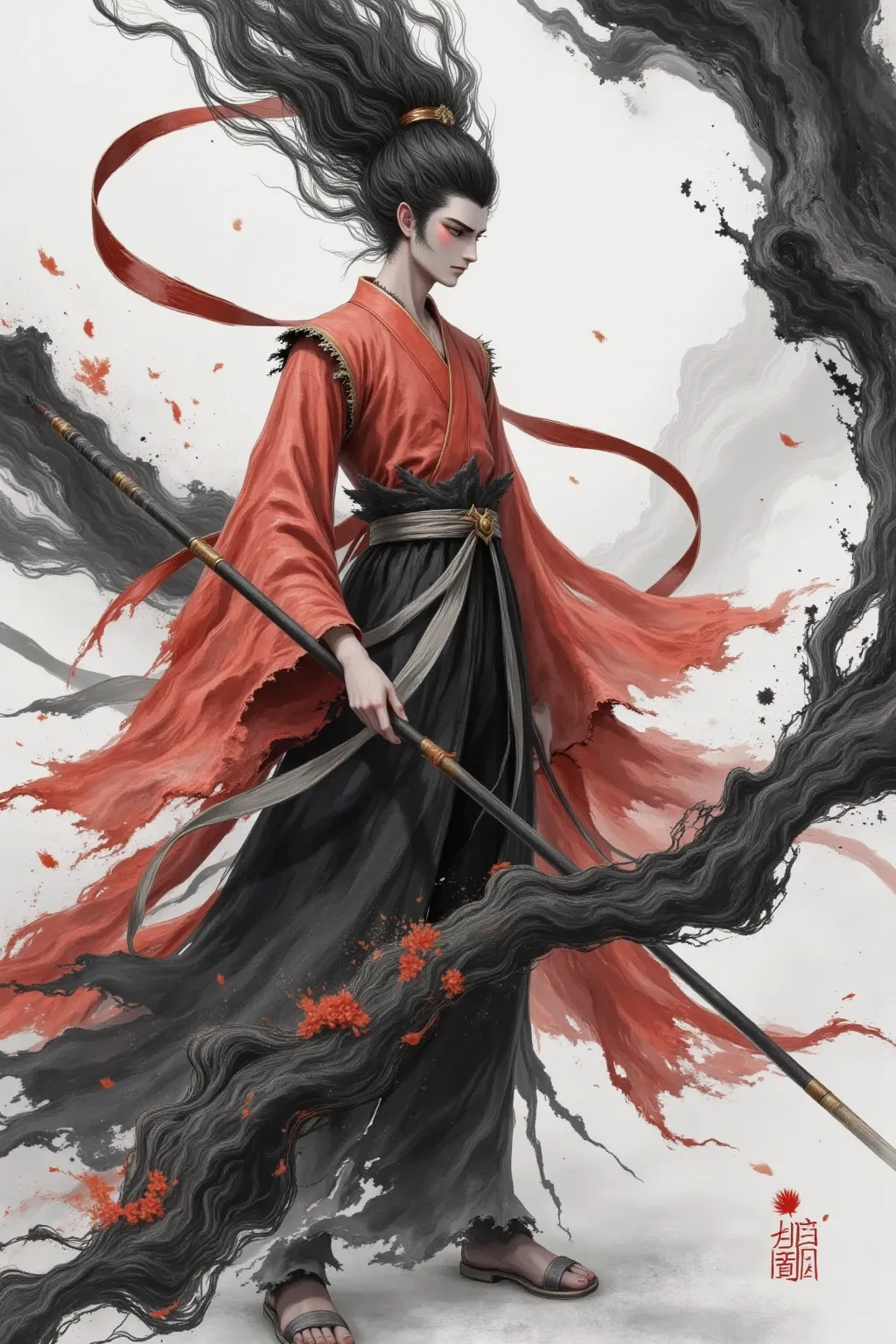 high quality, super realistic,4K,8k,Masterpiece,Extreme Details,Realism,Professional Photography,Chinese martial arts， Double arm， Black Feather Wings ，Chinese Ink Painting,huge flowing flowing long hair, Handsome Male ,Broken Robe,Dynamic action ,Mysterio...