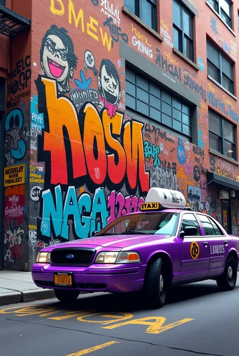 The wall of a building full of New York-style graffiti where the main graffiti is a purple taxi 