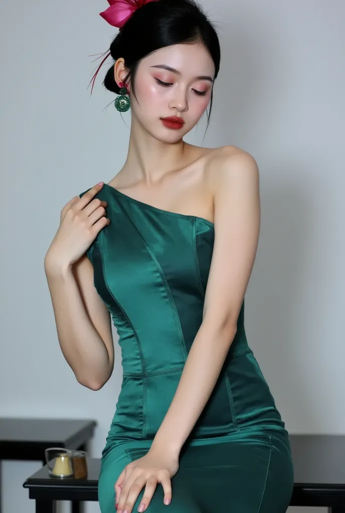  pretty model, tight one-shoulder evening dress。 smile。Teeth。sitting。  SKIN DETAILS  ，Poses for photos，sadistic， High Coke，hairstyle，refined jewelry， natural light。