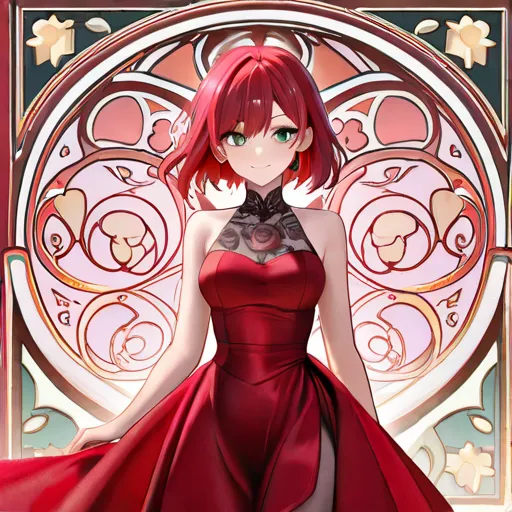 Red-haired anime girl with green eyes wearing a rose-shaped red anime dress 