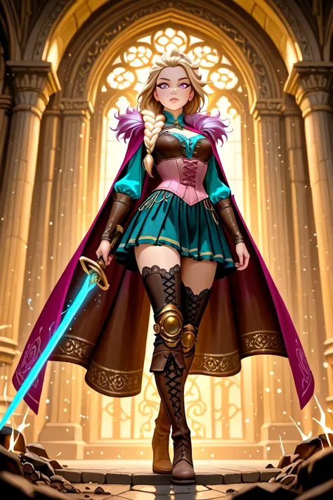 Full-length portrait of Elsa Frozen, in her late s or early twenties, with long, vibrant golden blonde hair cascading down.  Caucasian ethnicity.  She stands confidently, holding a sword, and radiating a strong, powerful aura.  The character's outfit is a ...