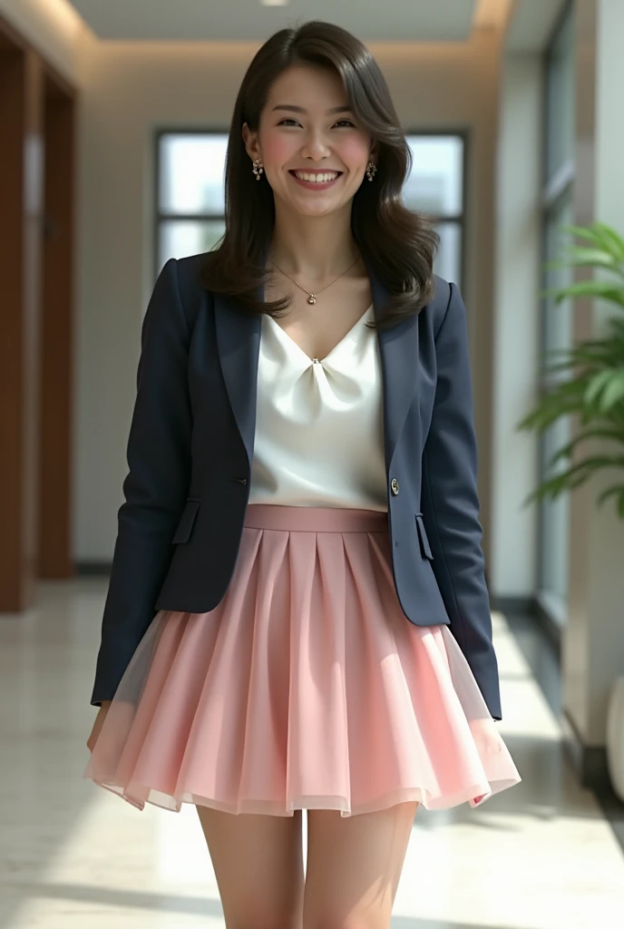 Japanese mature woman, happy smile, ( white skin:1.4), (detailed faces:1.3), (detailed skin texture:1.3), (red lipstick:1.3), (semi-long hair:1.4), (earrings, necklaces:1.3), ( standing in the lobby:1.3), ((full body:1.9)), (from below:1.6), (business suit...