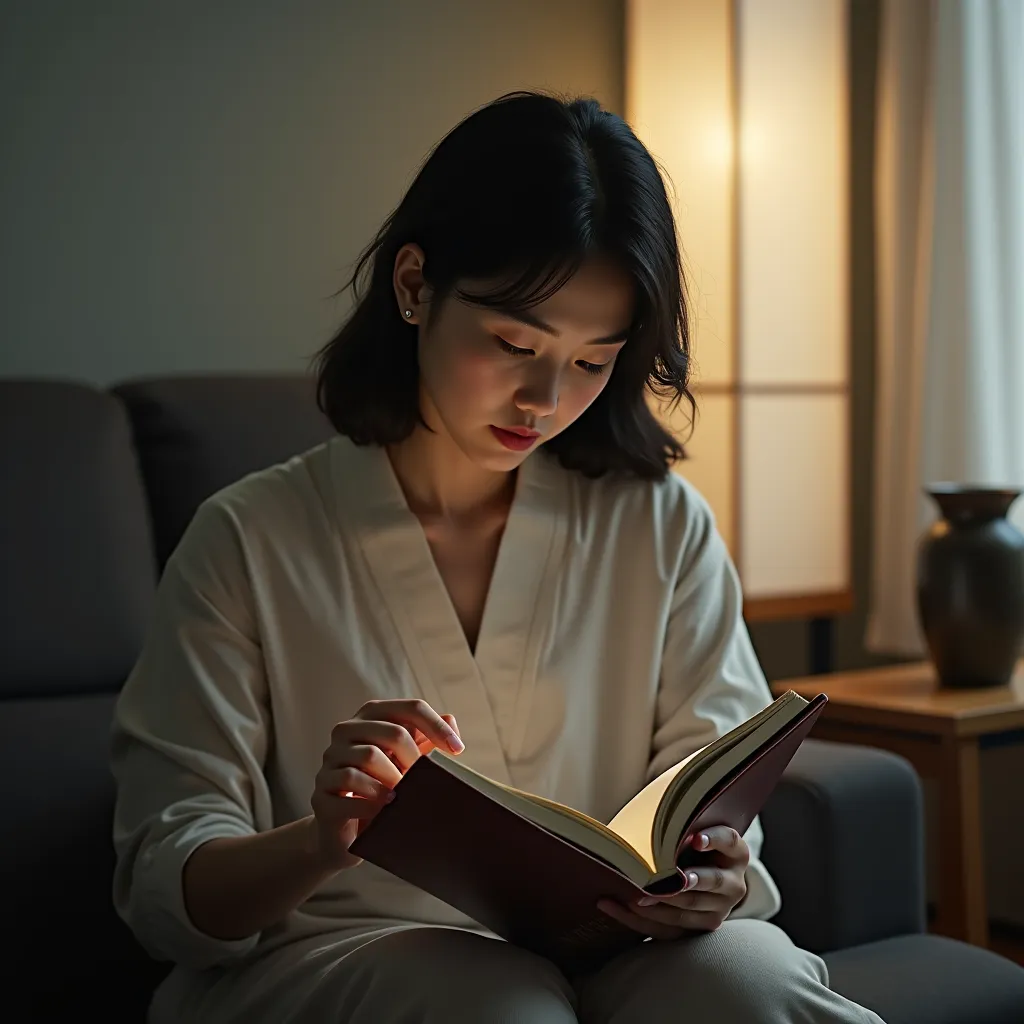 「Japanese woman quietly reading a book alone。She has an expression that suppresses emotion 、Calmly turning pages。The room is unified with a calm tone、A space that symbolizes rational thought。」
