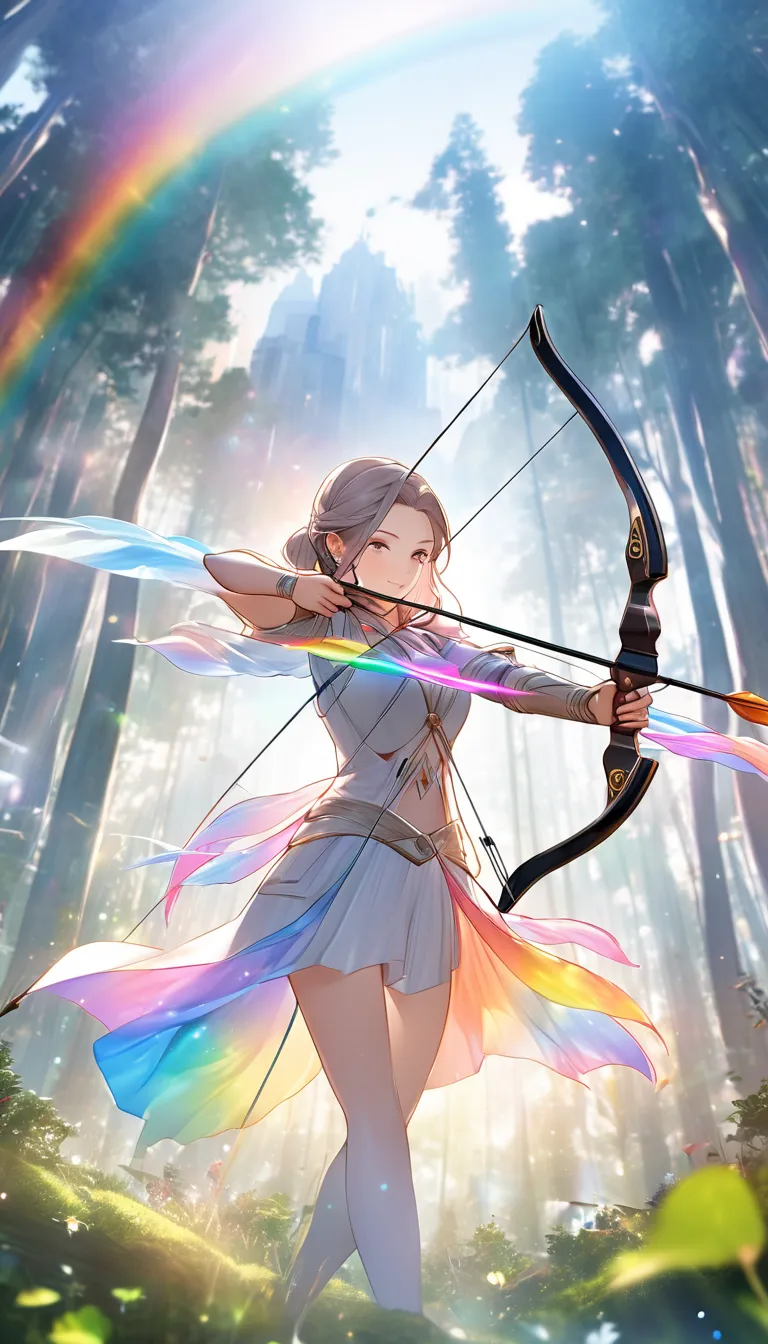 best quality,  super fine, 16k, 2.5D,  A gentle yet dynamic depiction ,   The beautiful game character Archer shoots with a sacred bow and arrow,  A transparent, translucent, and rainbow-colored barrier breaks,  Game Production Effects  , A mysterious back...