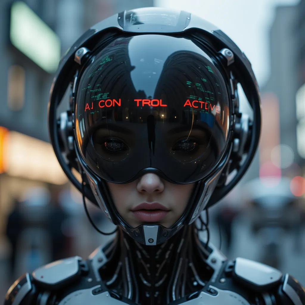 Masterpiece sci-fi photo, photorealistic portrait of a futuristic robotic female head or helmet. It is predominantly black and metallic, with intricate mechanical details. A large, reflective visor covers the eyes, displaying various digital interfaces and...