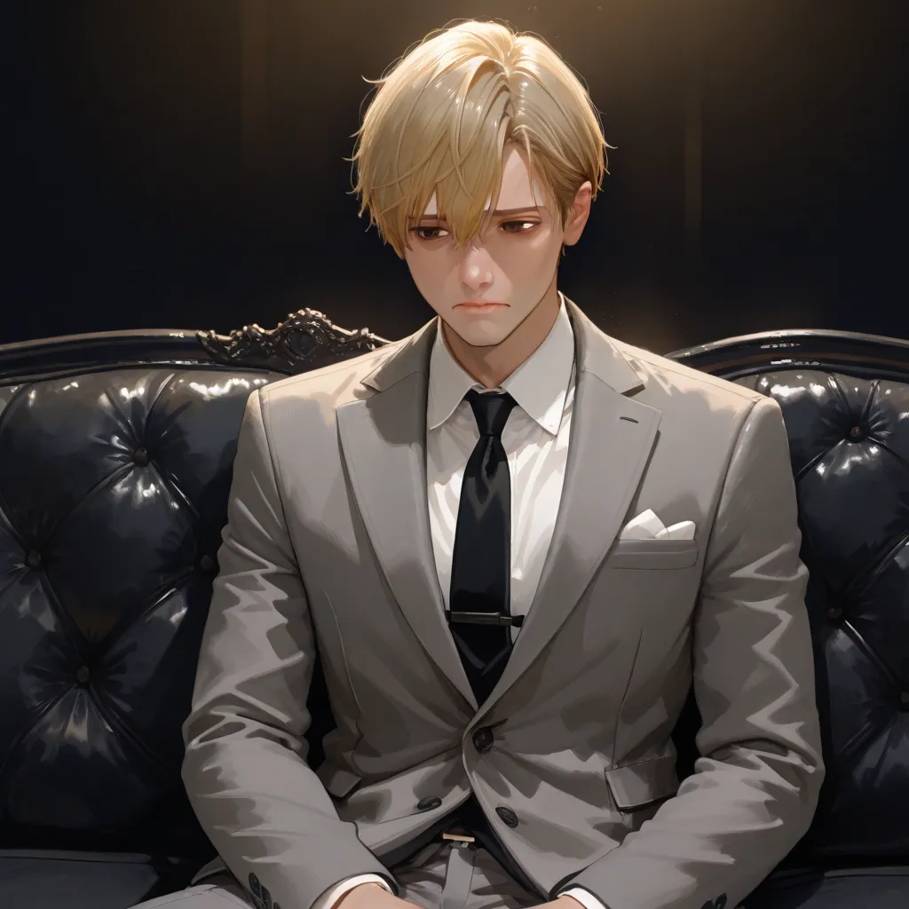 A male male, short hair style, above the ear ,high, blonde, thin,with brown eyes, in a gray suit and black tie sitting on a black couch with a sad countenance 