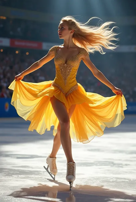 Create an image of figure skater Sofia performing at the Olympics, she has a yellow-pink dress and blond hair.
