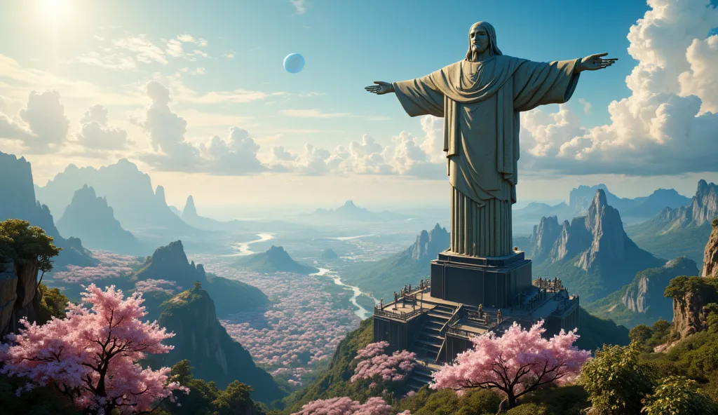 Masterpiece, The impressive Christ the Redeemer of Rio de Janeiro, Wonder of the World, a large cherry blossom forest, a lot of clouds everywhere in the landscape,  A planet in the sky , la estatua de cristo redentor muy detailed, beautiful cherry blossom ...