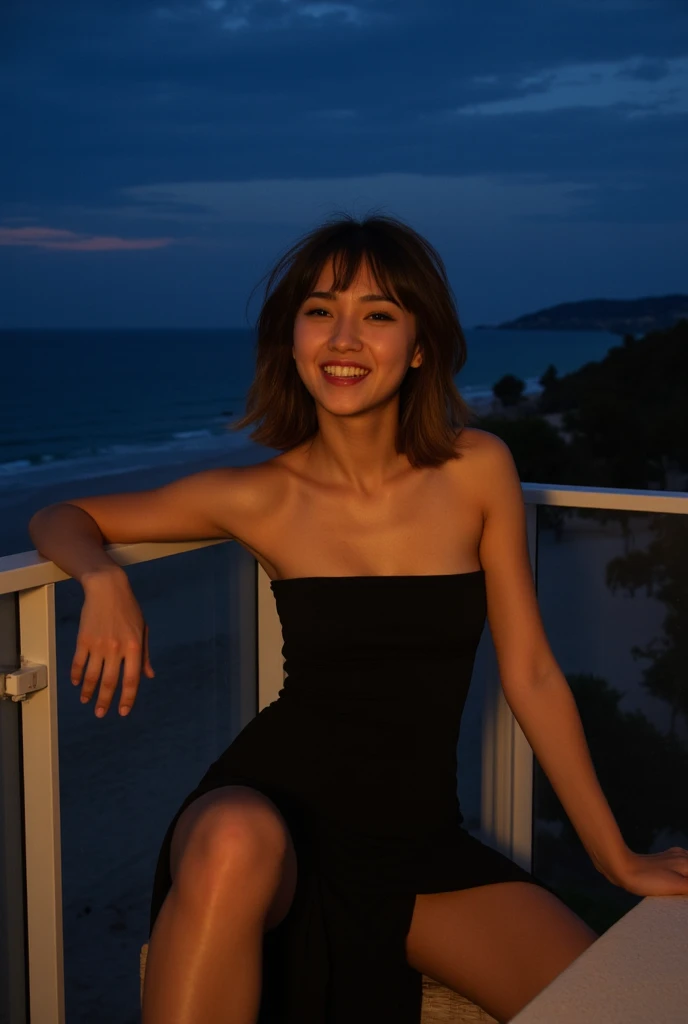 21 year old Latin woman with beautiful face and beautiful smile, thin small breasts slim build, messy brown hair with bangs, wearing a long black evening dress, edge of a glass balcony, The night beach as a landscape, smiling, sitting on a chair in front o...