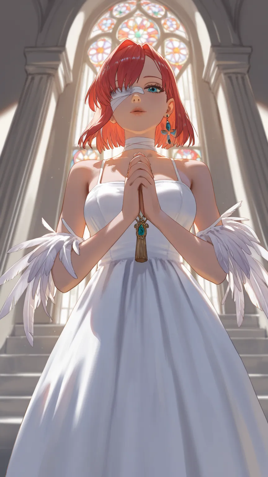 (Watercolor:1.5, Impossibly perfect art, masterpiece:1.2, top quality, Intricate:1.35, Absurdly amazing quality, highly detailed, highres, top quality anime, delicate:1.2), BREAK, 1girl, solo, has one feather, white dress, tattered, bandage, bandage on one...