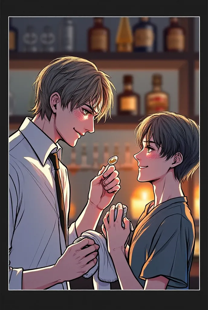 A romantic manhwa-style illustration of two extremely handsome male characters standing very close to each other in a dimly lit bar with warm, moody lighting. They are standing face-to-face in a perfect side-profile view, showing the sides of their faces a...