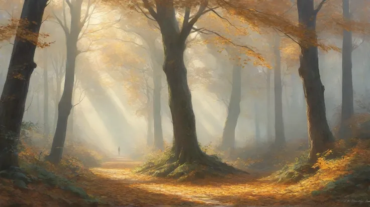 A mysterious forest shrouded in mist, where tall trees with golden and auburn leaves sway gently. A light breeze lifts fallen leaves into the air, swirling them like echoes of forgotten memories. The fog is thick but allows glimpses of scattered sunbeams p...