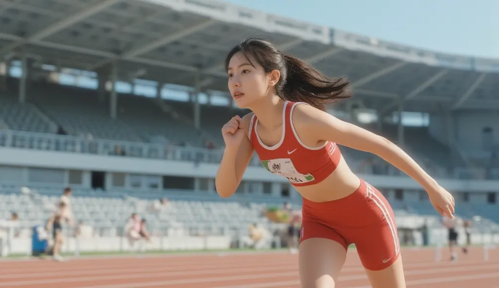 ((top quality)), ((걸작)),4K, Track and field girl, cute asian girl, 20 years old, 100M running,   big boobs,  leggings, shorts, 