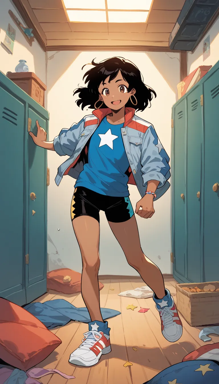 ((masterpiece,best quality))
{ Gurihiru_aertstyle_LoRA }
{ 1girl, amechavez, black hair, dark skin }
{ bike shorts, blue shirt, hoop earrings, jacket, open jacket, sneakers, star print }
{ hands_on_hip } { devious_smile }} { sweating } { cute } { dark, mes...