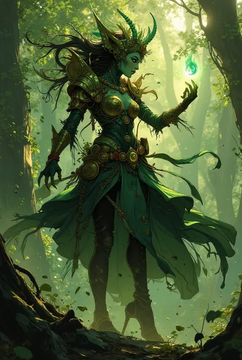 elemental spirit of earth and vegetation, body made of slime, roots and vegetation, Spirit of the earth and vegetation, scenario field like a battle,  she's wearing Spartan armor,  aura de magic, magic, dark fantasy genre, magic,  soldier,  dancing ,  8K q...