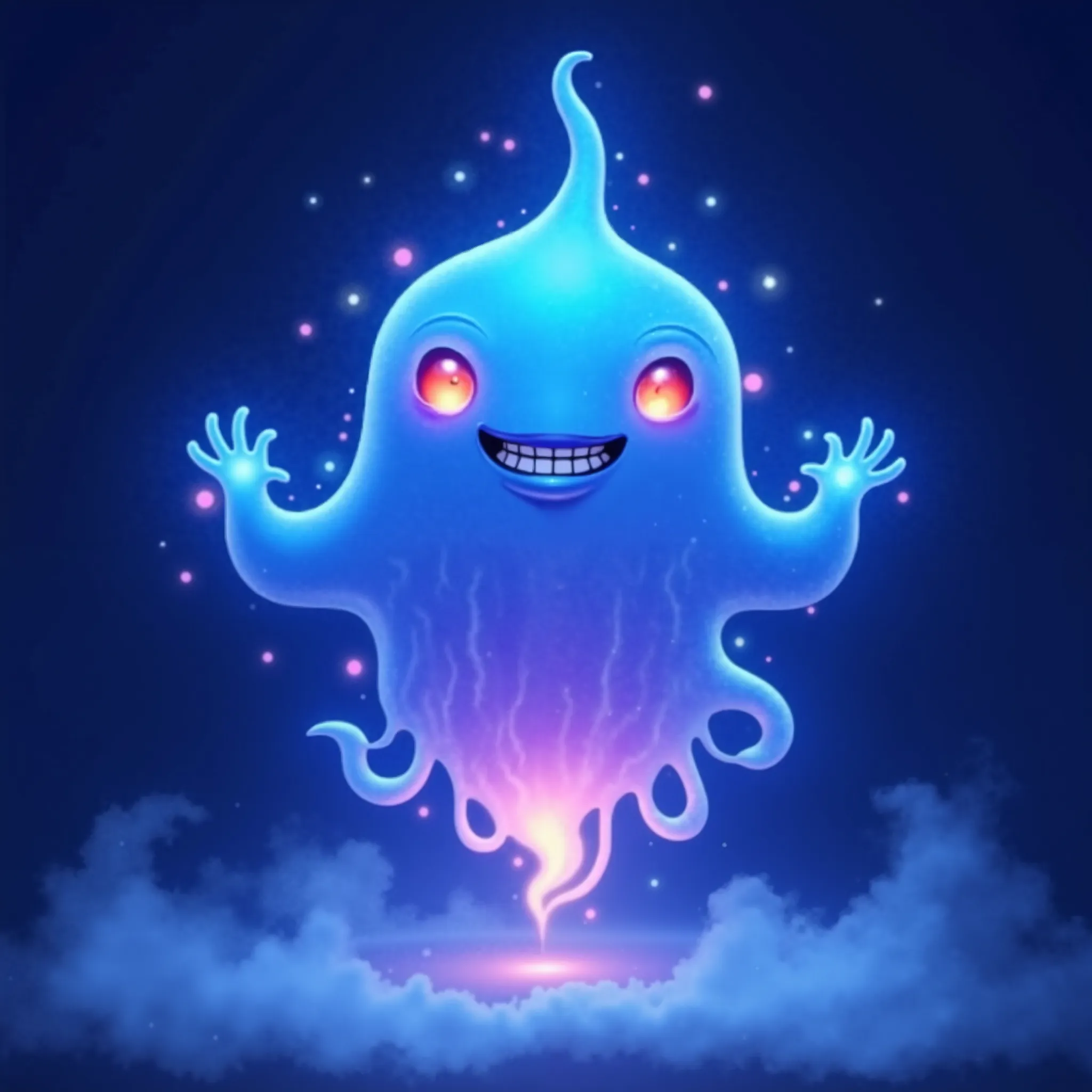 Generate an image of a mystical genie without a lamp, designed for a YouTube logo. The genie should have a ghostly, ethereal body with a swirling, magical lower half that fades into mist. It should have glowing eyes, a powerful yet welcoming expression, an...