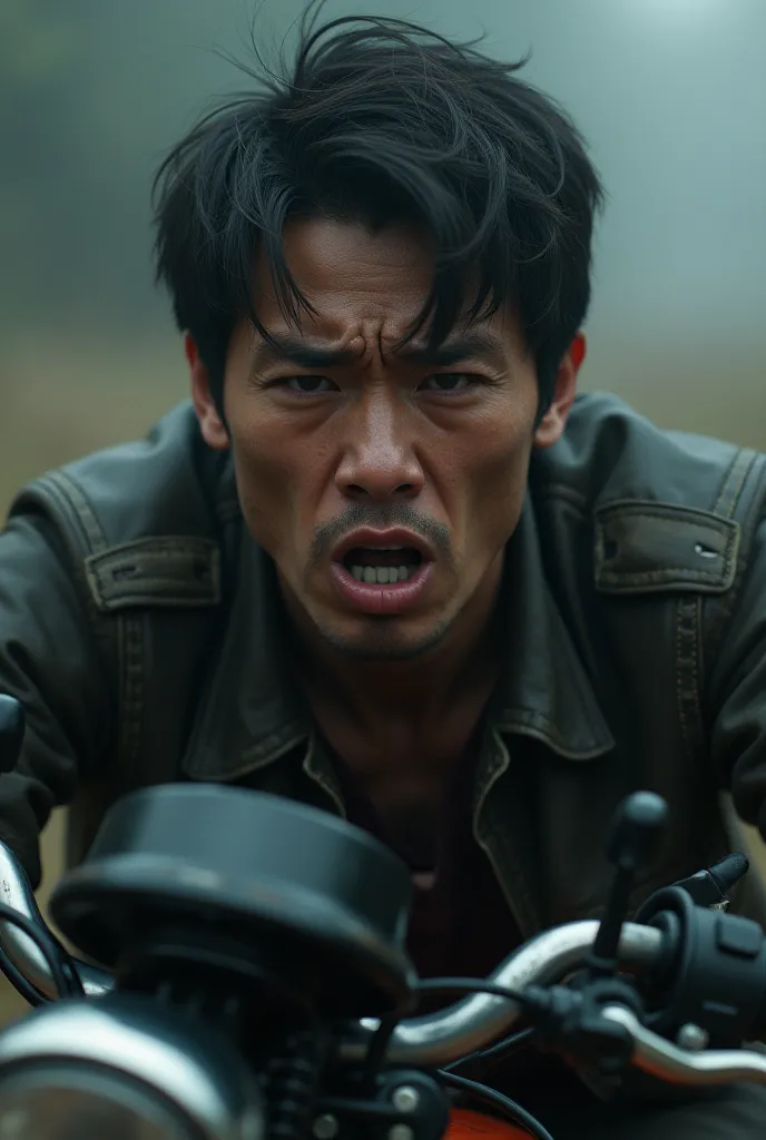 A crying man pouting on a motorbike