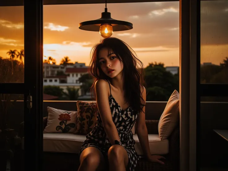 Beautiful amber skies (Large and prominent perky breasts) Flash photography, gyaru, Aesthetically pleasing cinematic composition, epic perspective, dramatic lighting and shadows, symmetrical and detailed, Cute girl with small perky breasts in a black and w...