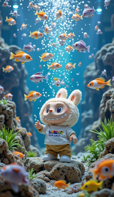 A bright and colorful scene of Labubu feeding fish in a large aquarium. Labubu, wearing a "MADECI" shirt, sprinkles fish food into the tank while smiling. Inside the aquarium, vibrant fish of various colors swim happily. The water is crystal clear, with de...