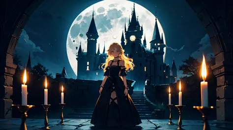 ((1 girl)), long blonde hair,  CHOKER COLOR , bracelet, Long Dress, standing, Gothic Castle,  arch,  night ,  night time, One Moon, moonlight, small amount of candles, Candlelight, Dramatic Lighting, cinematic lighting with heart on the left,  Darkness、Mag...