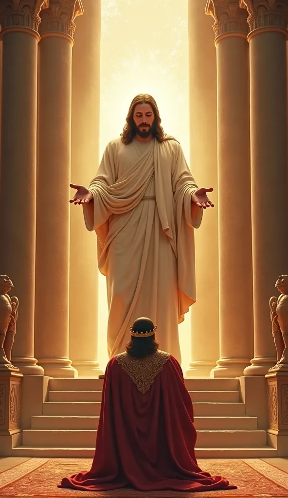 Jesus standing and a king kneeling in front of him