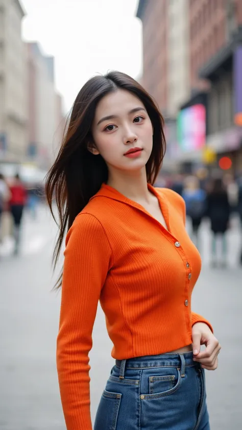  High Resolution Images、 Attractive Young Woman ,  beautiful eyes, Early afternoon , Orange knit,denim pants style 、   facial details  ,   forward leaning posture,  full body high quality images   , times square background, standing, is smiling at the came...