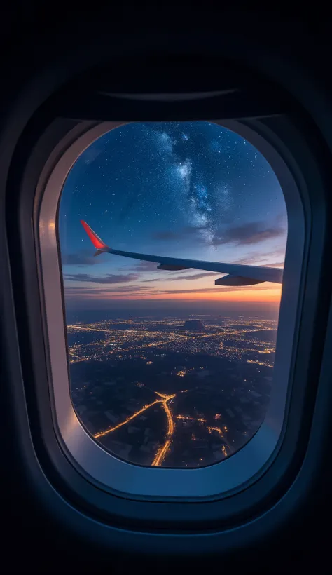 Maximum realism, Realistic Images, Drama scene, shadow, Illuminating the World, In a night passenger plane, , a night view of crowds and spectacular stars with airplane wings through the window.