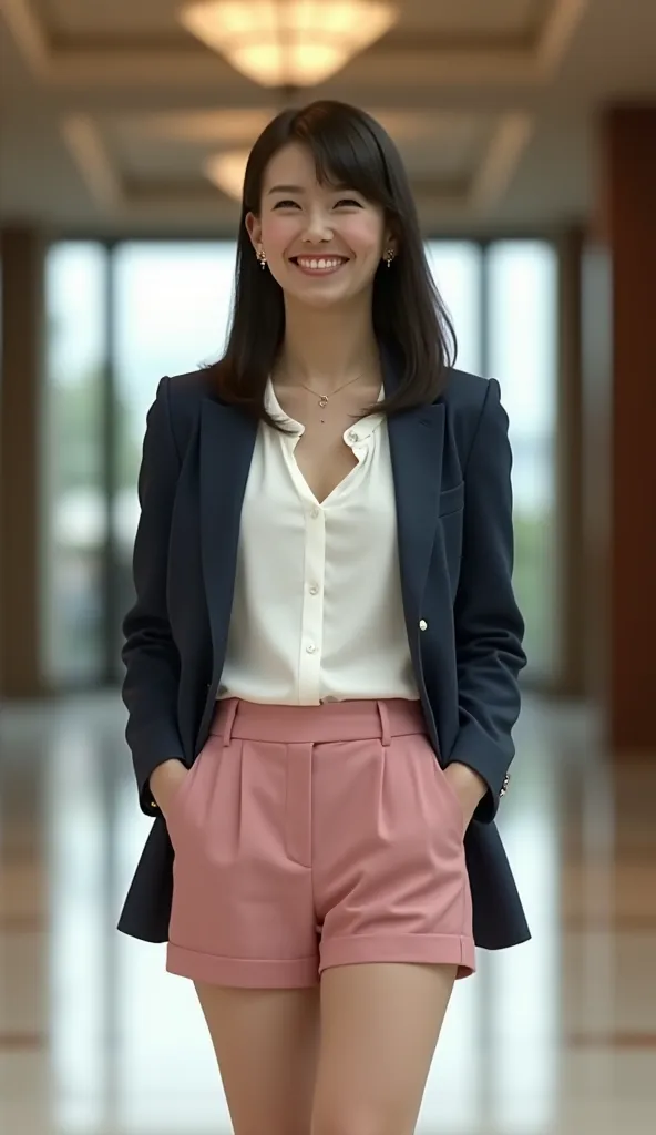 Japanese mature woman, happy smile, ( white skin:1.4), (detailed faces:1.3), (detailed skin texture:1.3), (red lipstick:1.3), (semi-long hair:1.4), (earrings, necklaces:1.3), ( standing in the lobby:1.3), ((full body:1.9)), (from below:1.6), (business suit...