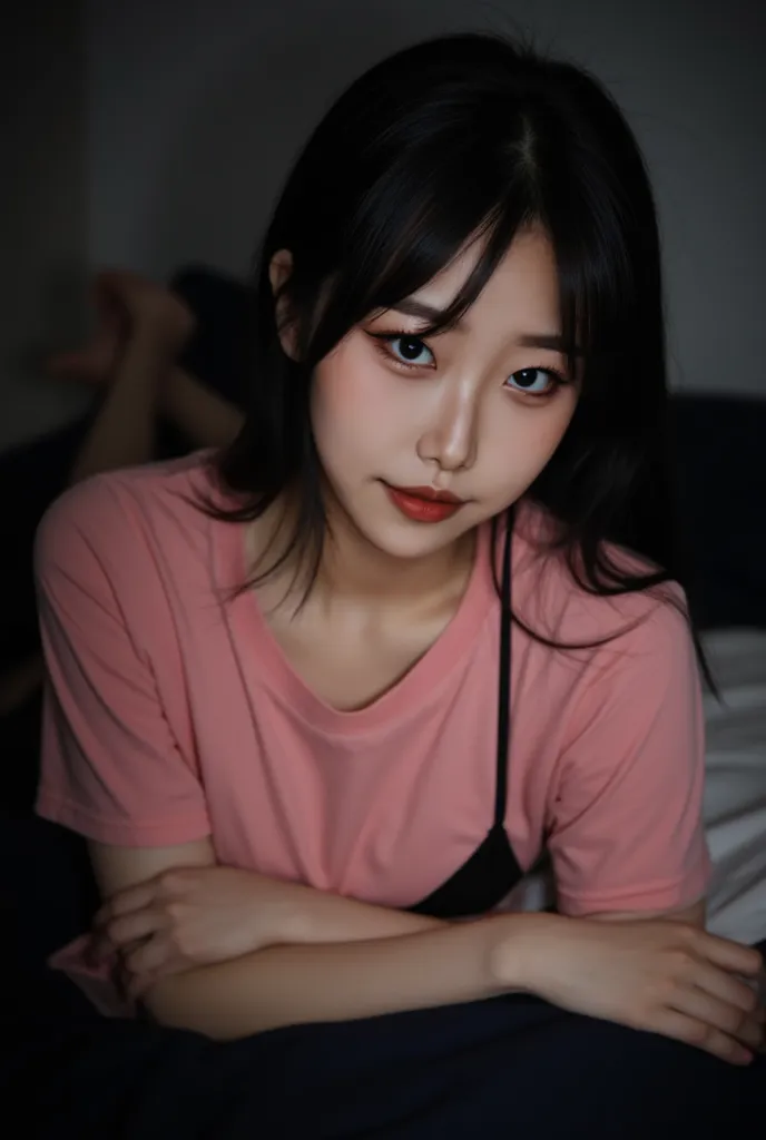  Fish eye camera amateur shot of a Instagram influencer. A Asian woman with pink t shirt with black lingerie indoors, no makeup. She has long black hair, cute , she is slim and big breasts under her clothes, model body, lighting is dim and dark, side boob ...