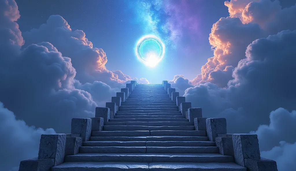 A large stone staircase that leads to a glowing portal between the clouds. The surrounding sky shines with shades of blue and violet,  creating a heavenly and transcendental atmosphere 