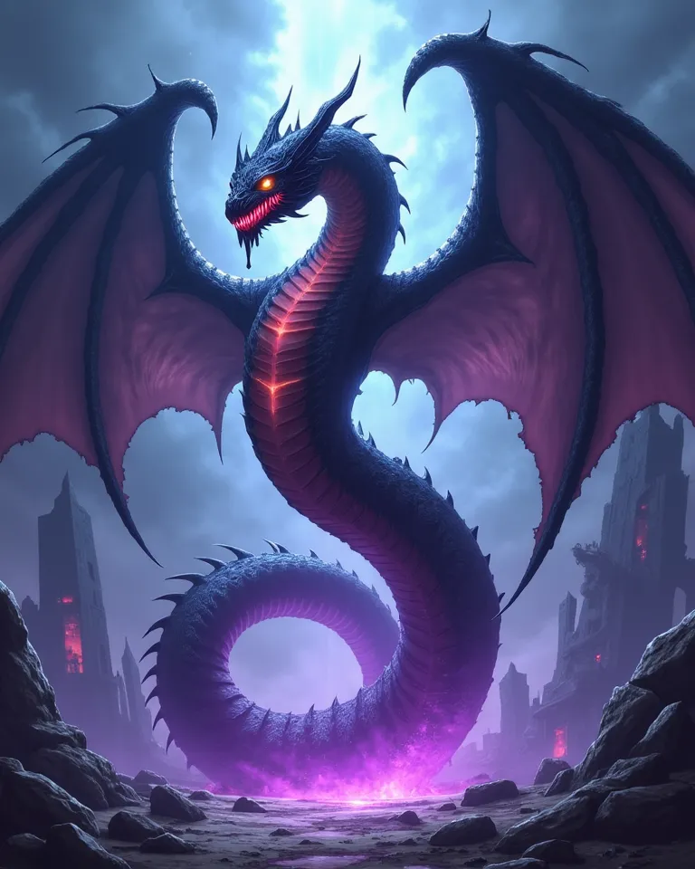 
"Design a towering, shadow-bound serpentine creature emerging from a rift of swirling void energy, its form composed of shifting, smoke-like darkness that flickers with faint purple and cobalt mana veins. The serpent's elongated body coils like a living s...