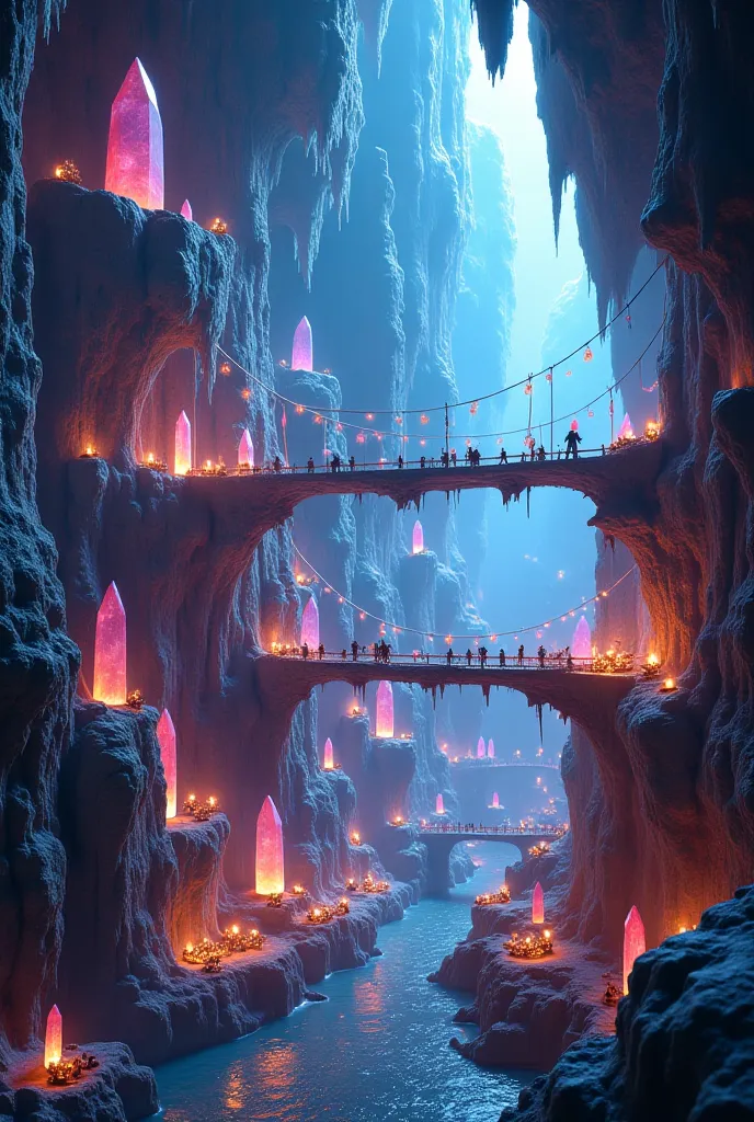 A vast underground cavern made of glowing crystals, with tiny merchants selling rare magical goods on suspended bridges and platforms. The crystals cast soft rainbow lights across the cavern walls. Ultra HD, macro shot, cinematic lighting, fantasy undergro...