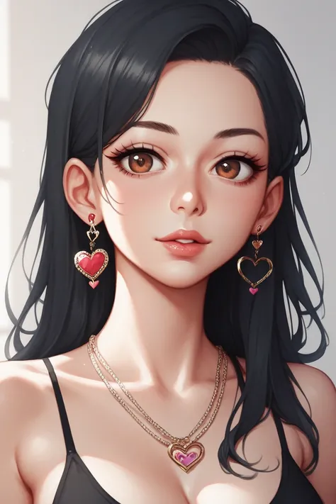 1girl, black hair, orange earring, heart-shaped earring, brown eyes