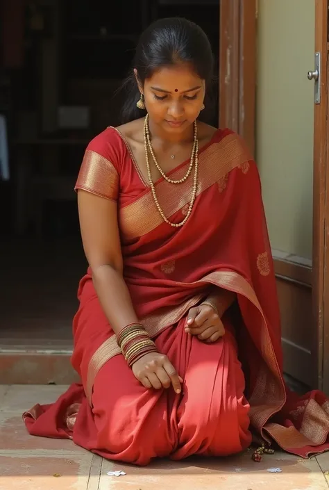 indian househelp, mopping floor on her knees , big cleavage unbottoned blouse, wearing saree. fair colored body. ponytail hair. bangles in hand. couple of hairs falling on her face. absolute realistic, breast falling out of blouse. saree falling in front