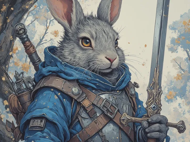 old gray rabbit in blue clothes wearing breastplate armor, old rabbit, beard, bushy eyebrows, holding sword, In fantasy art style, masterpiece,  best quality , Super Detail, an epic, 4K, cinematic light, ultra-detailed,  8k resolution ,(high quality, 8k, 4...