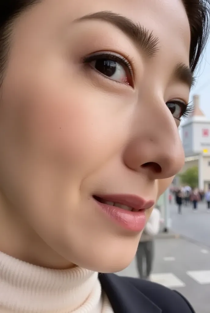 ((  only a beautiful woman's nose is projected on the screen  )) close-up ,Around town,The focus is clearly on the nose in the streets of Shibuya    、((   Nose hair growing in the nasal cavity        ,       show me the nostrils from below         ))   pub...