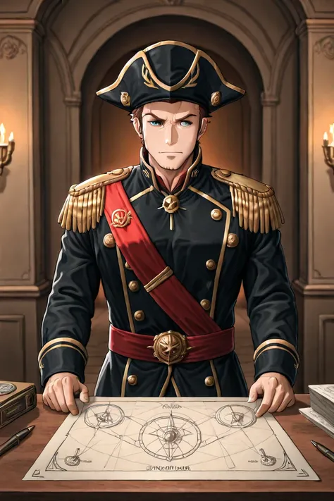 Napoleon Bonaparte, in the middle of meeting with his men, in anime style